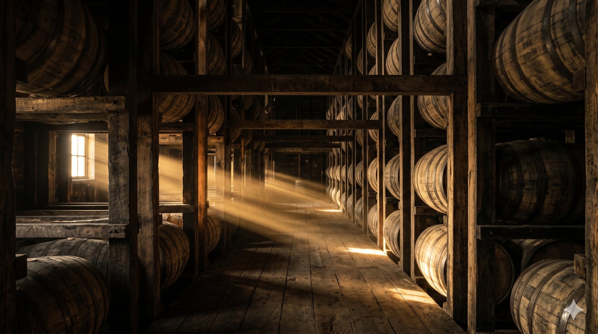 Bourbon barrels in a Kentucky rickhouse, warm sunlight cutting through dust