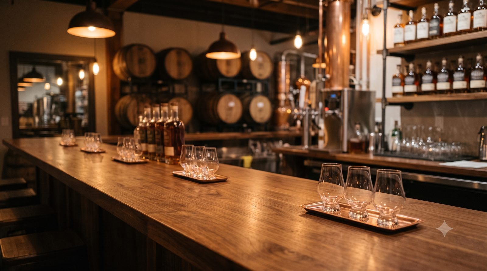 Tasting flights on copper trays along a distillery tasting-room bar