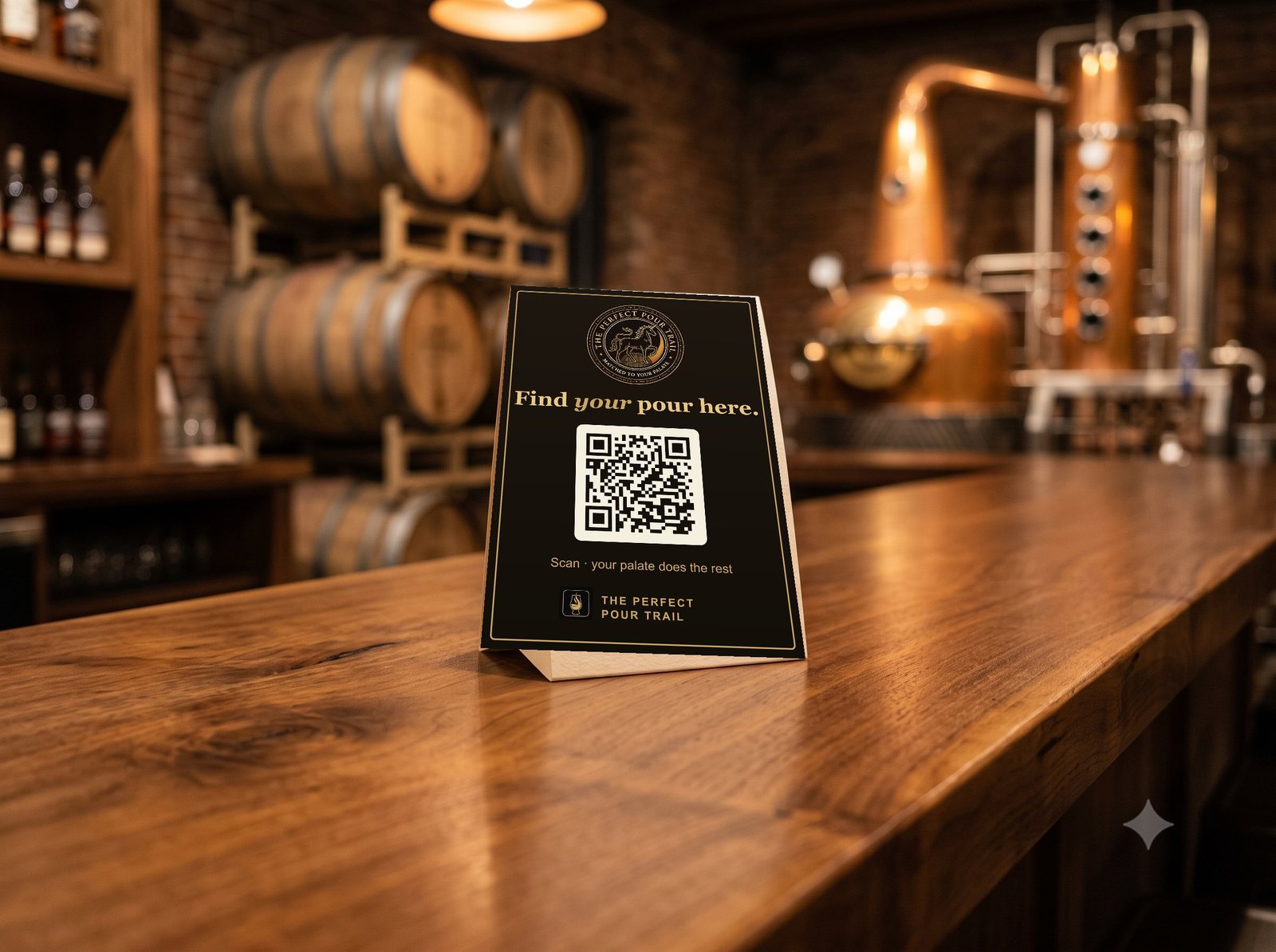 The Perfect Pour Trail table tent standing on a tasting-room bar top